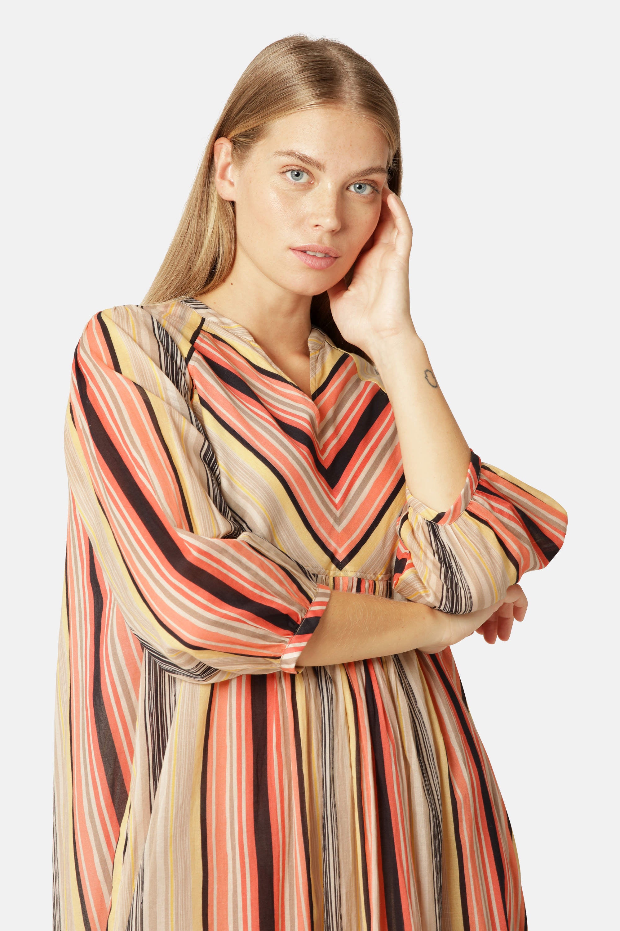 Balloon Sleeve Long Dress Pintuck - Red Organic Stripe